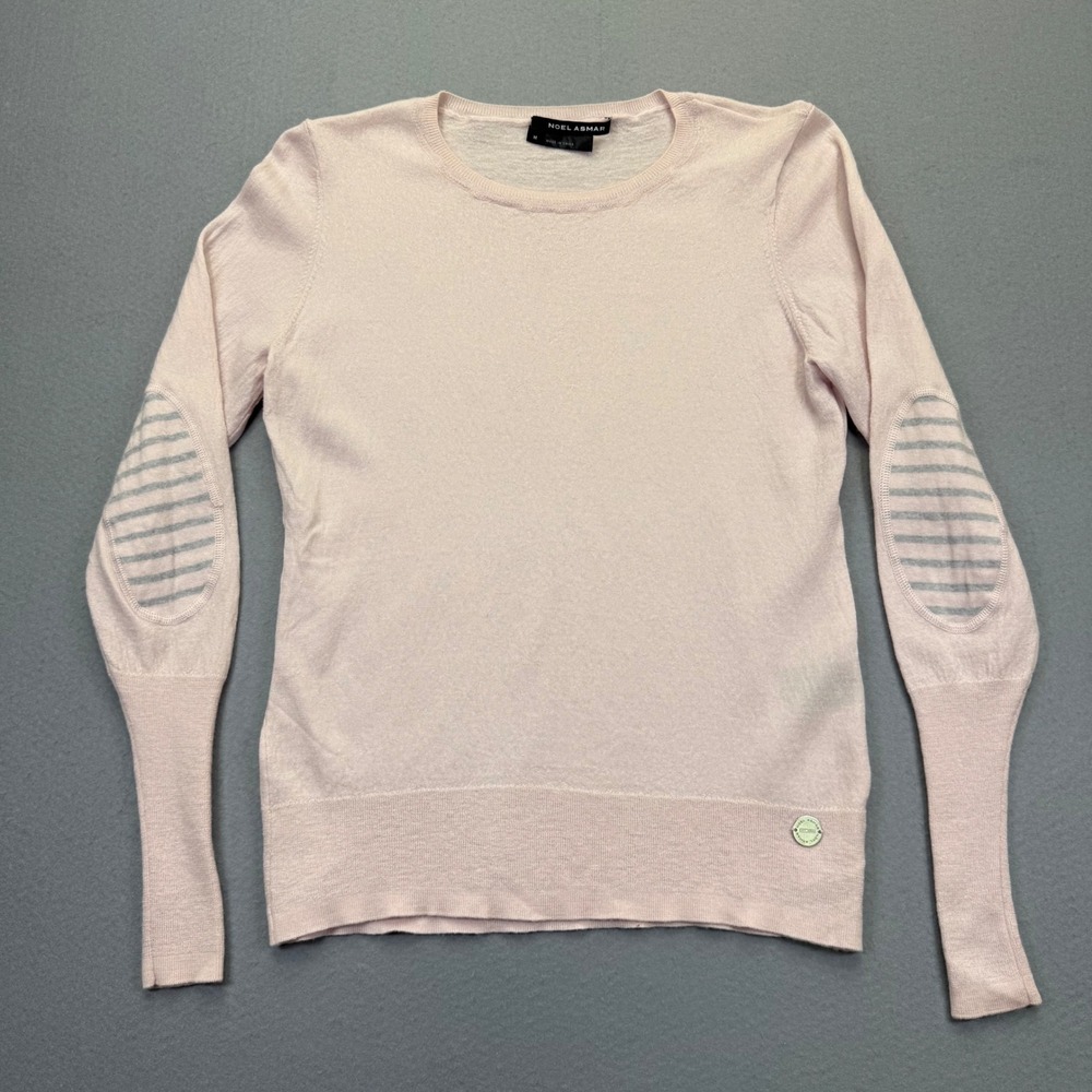 Noel Asmar Womens Merino‎ Wool Sweater Pink Striped Elbow Patch Crew Neck Size M